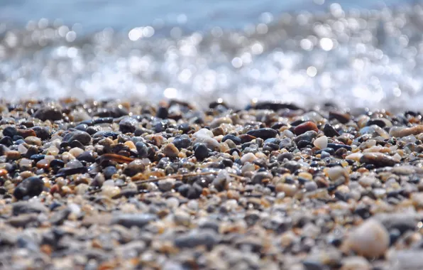 Water, macro, light, glare, stones, shore, wave, pebbles