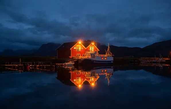 Mountains, night, house, reflection, pier, Norway, Norway, the fjord