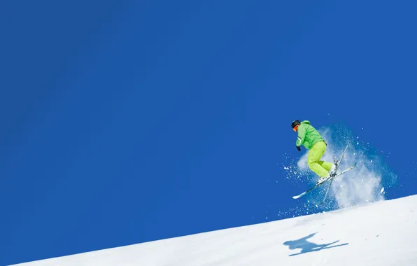 The sky, snow, mountains, jump, sport, ski, skier