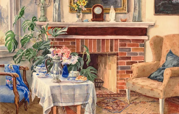 Picture chair, the tea party, fireplace, table, Olga Kulikovskaya-Romanova