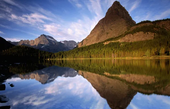 Trees, mountains, lake, reflection