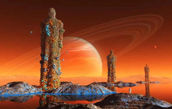 Water, mountains, fantasy, fiction, planet, astronaut, the suit, statue