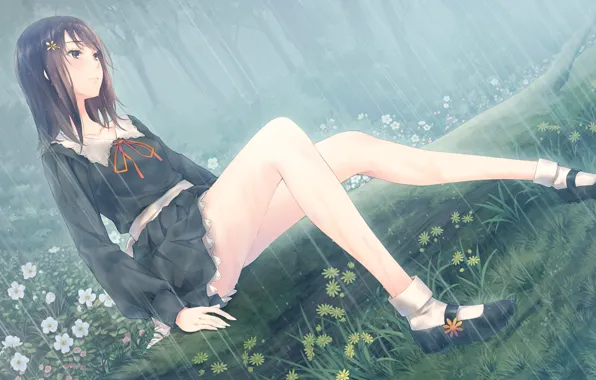 Girl, rain, anime, art, flowers, upscale, sugina miki, kousaka mayuri