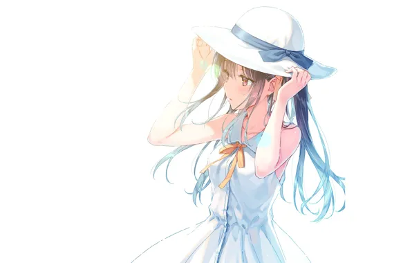 Summer, hat, hands, girl, white background, bow, long hair, art