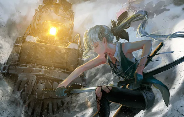 Weapons, girls, train, art, locomotive, touhou, strikingly is wait, konpaku youmu