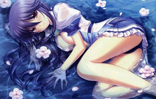 Water, flowers, Girl
