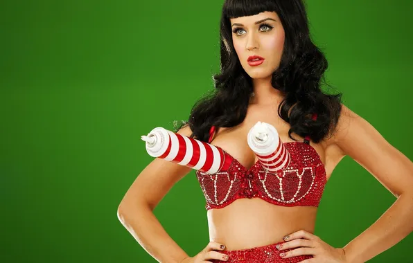 Picture chest, red, brunette, Katy Perry, Katy Perry, singer, green, cylinders