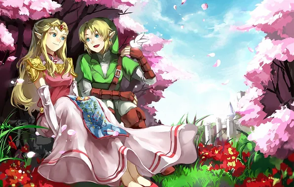 Picture girl, nature, elf, petals, Sakura, guy, the legend of zelda, zelda