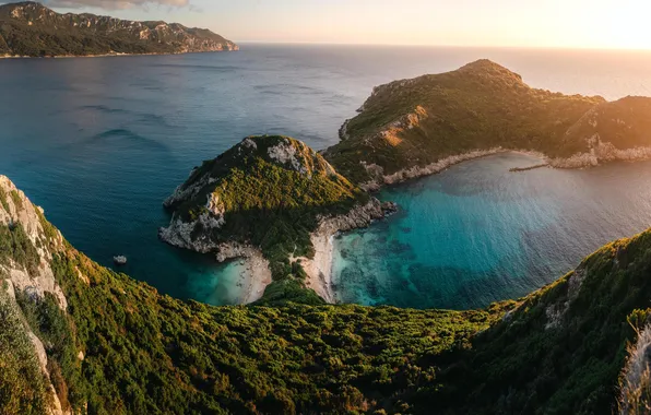 Picture sea, sunset, island, Greece, cliffs, Corfu