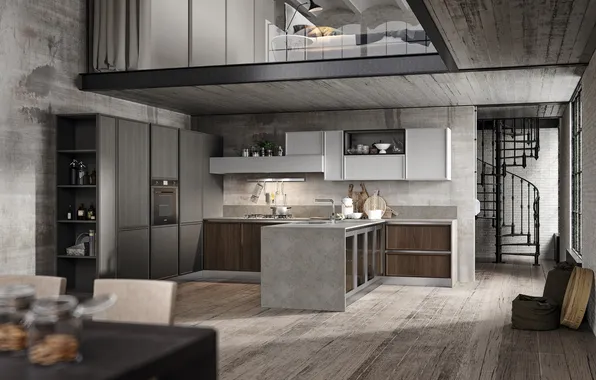 Style, Villa, interior, kitchen, bedroom, dining room, dining area, spiral staircase