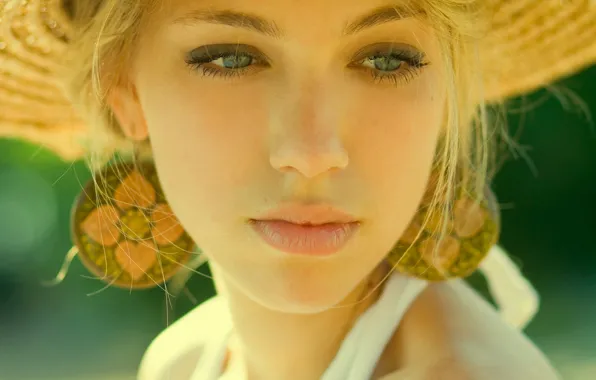 Picture look, girl, earrings, blonde, hat