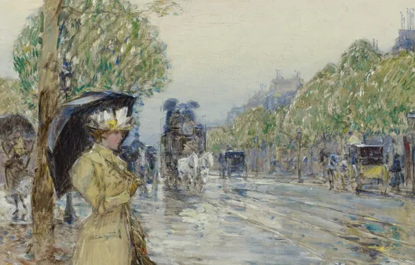 Girl, street, picture, umbrella, the urban landscape, Frederick Childe Hassam, Childe Hassam, Rainy Day on …