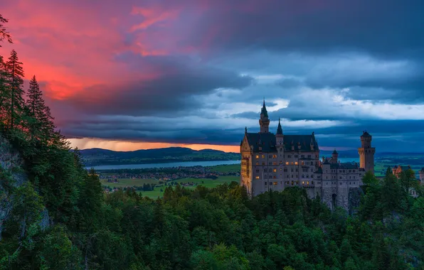 Forest, sunset, lake, castle, Germany, Bayern, Germany, Bavaria