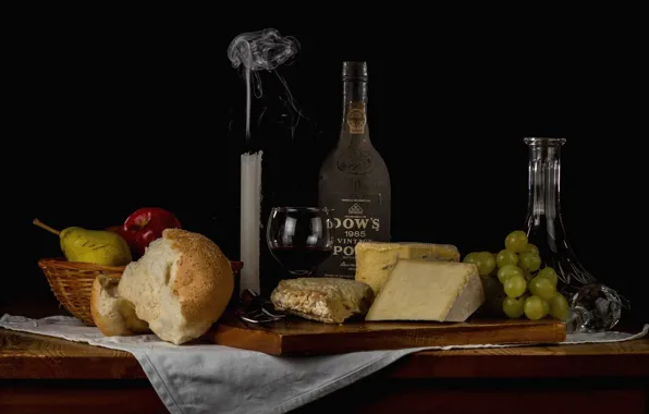 Candle, cheese, bread, grapes, alcohol, fruit, still life