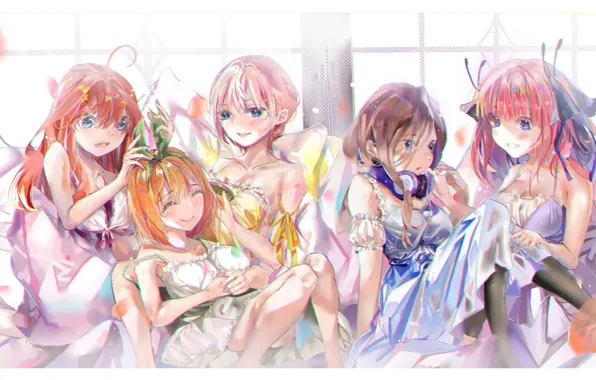 Emotions, headphones, neckline, red, blue eyes, sisters, wedding dress, window