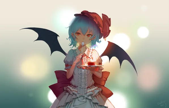 Picture wings, dress, spoon, red eyes, touhou, takes, art, blue background