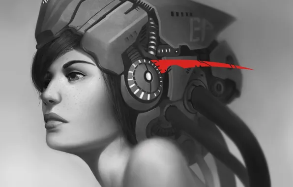 Picture girl, future, red, wire, headphones, art, freckles, helmet