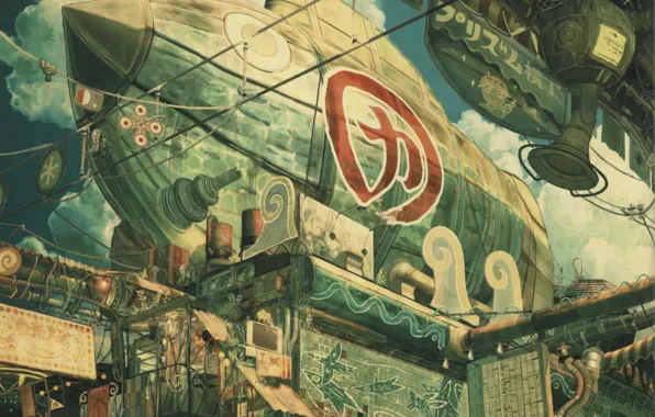 The sky, station, the airship, signs, character, Art, Imperial Boy (Teikaku Shounen)