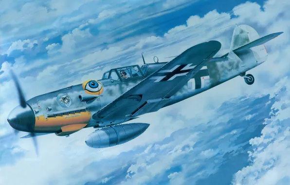 The sky, war, fighter, Art, Messerschmitt, German, piston, single-engine