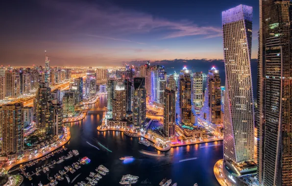 Night, the city, lights, view, building, skyscrapers, boats, the evening