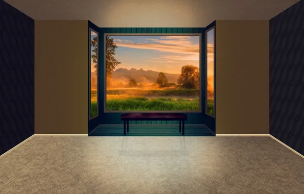 Picture sunset, room, window to nature, sad