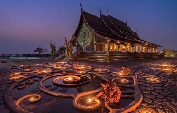 Lights, monk, Myanmar, temple, Myanmar, Buddhism, Korawee Ratchapakdee, Glow in the Dark