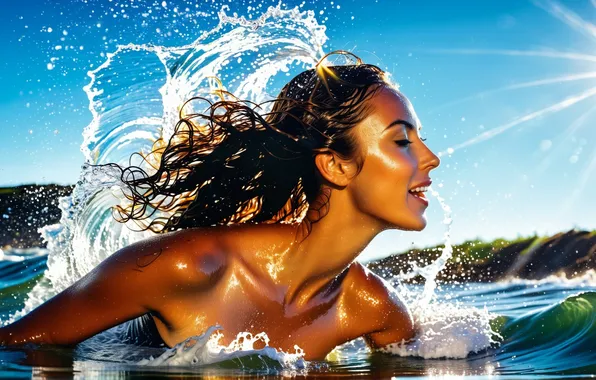 Summer, water, girl, happiness, squirt, 3D graphics