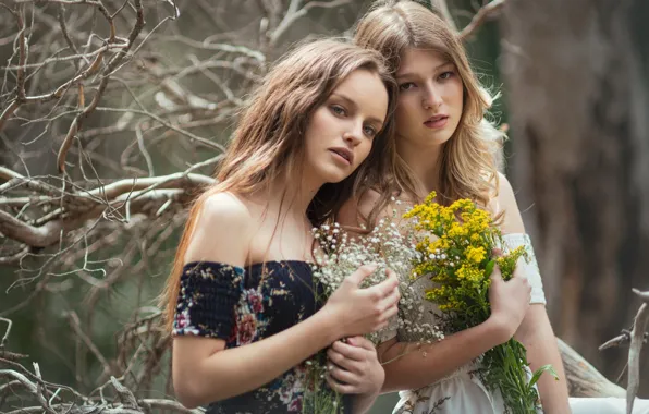 Picture flowers, branches, girls, mood, pair, two girls, Claudia To Follow, Marina Rodrigo