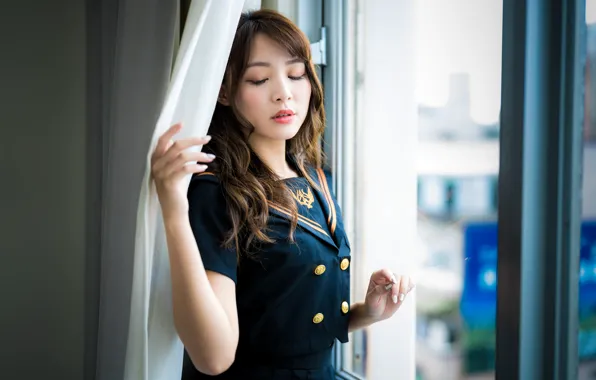 Pose, model, portrait, makeup, hairstyle, is, curtain, window