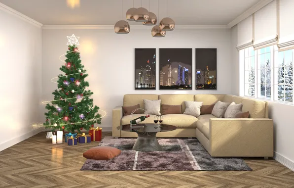 Sofa, New Year, Tree, tree, Chandelier, Interior, render, Holidays