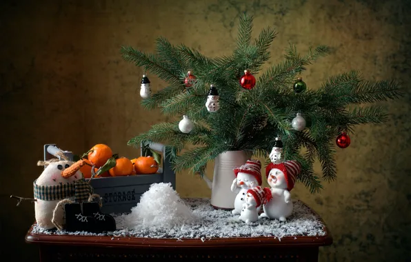 Snow, decoration, branches, holiday, new year, spruce, box, needles