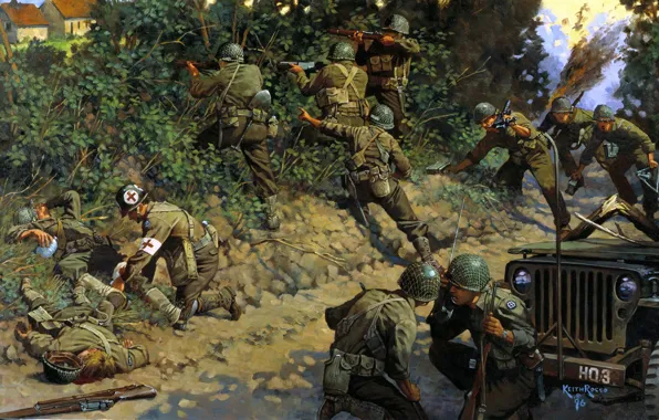 War, Soldiers, Jeep, Art, WW2