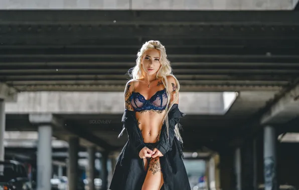 Chest, girl, pose, tattoo, blonde, cloak, bra, long hair