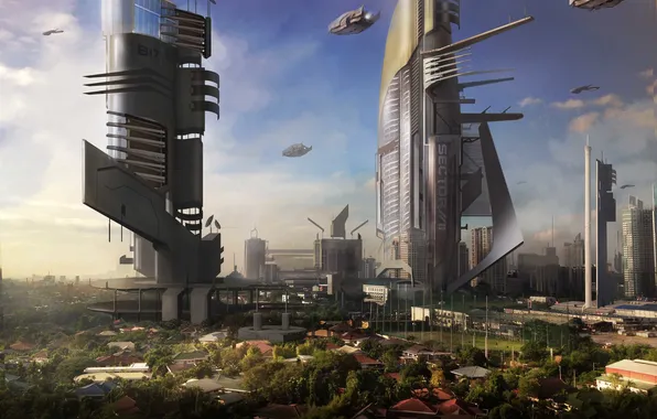 The city, future, ships, art, facilities, tower, cloudminedesign