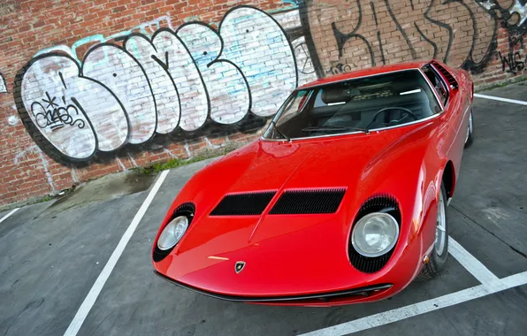 Red, wall, graffiti, red, wall, lamborghini, graffiti, the front