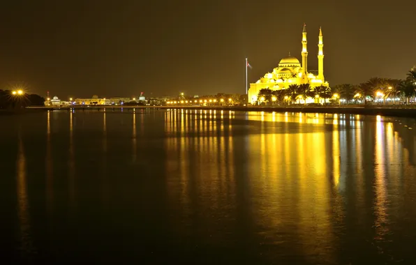 Night, lights, mosque, UAE, the minaret, Sharjah