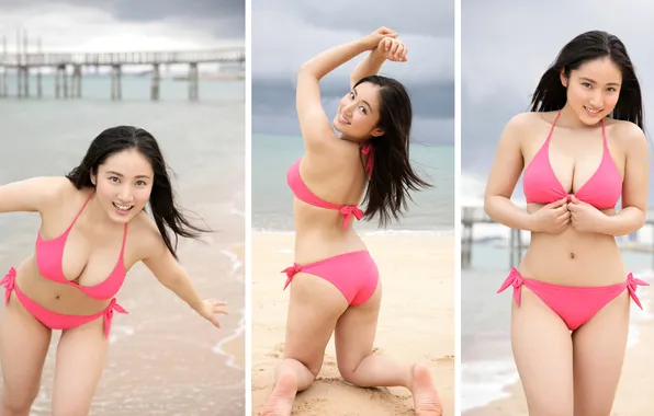 Bikini, Beautiful, Asian, Model, Coast, Beach, Water, Smile