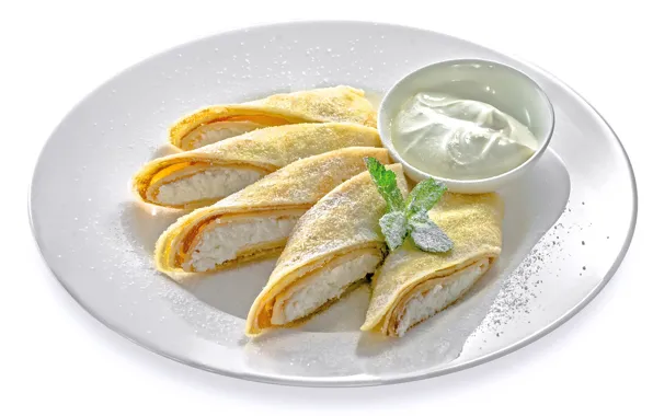 Pancakes, mint, cheese, sour cream