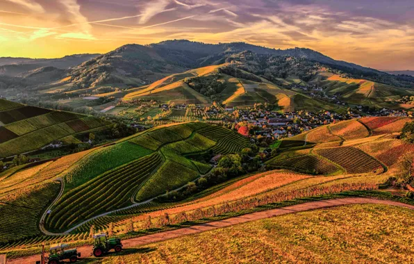 The sky, clouds, mountains, field, village, sky, structure, mountains