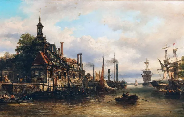 Water, Home, People, Boats, Picture, Ships, Dutch artist, Elias Pieter van Bommel