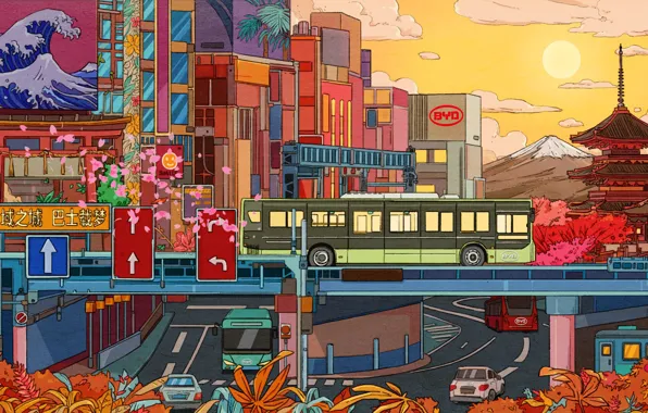 The sun, The city, Style, City, Bus, Fantasy, Architecture, Art