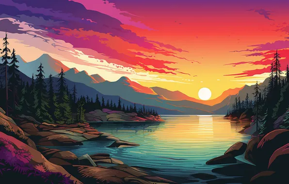 Forest, the sky, the sun, clouds, landscape, mountains, reflection, shore