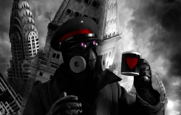 The city, figure, the building, destruction, mug, gas mask, captain, skyscraper