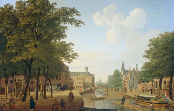Picture trees, oil, picture, the urban landscape, Hendrik Keun, View of the Timber Market in Amsterdam