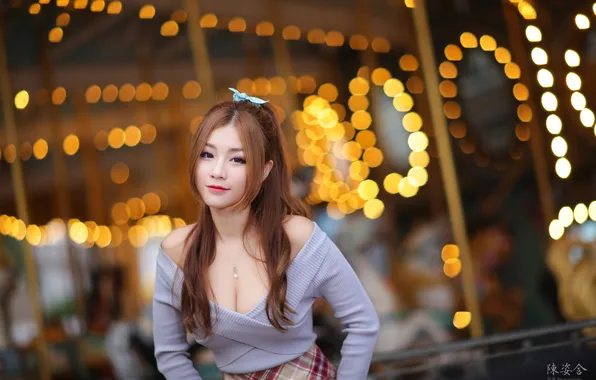 Look, night, lights, glare, background, model, skirt, portrait