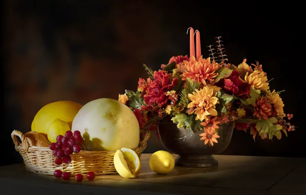 Flowers, background, basket, candles, grapes, vase, fruit, still life