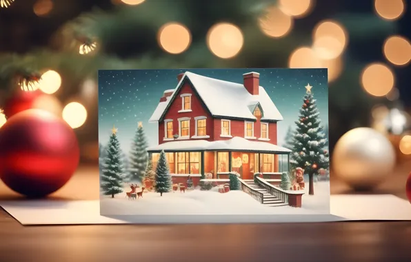 Winter, letter, balls, snow, lights, house, table, Christmas