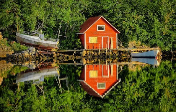 Reflection, boats, Norway, mirror, Vestlandet, canal, Rogaland, boathouse