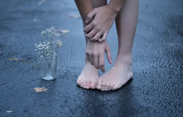 Picture flower, asphalt, street, feet, hands