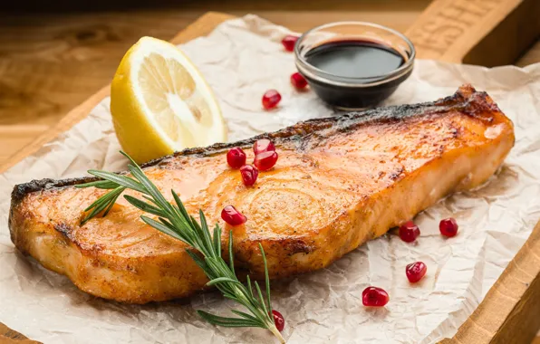 Lemon, fish, sauce, garnet, salmon, rosemary